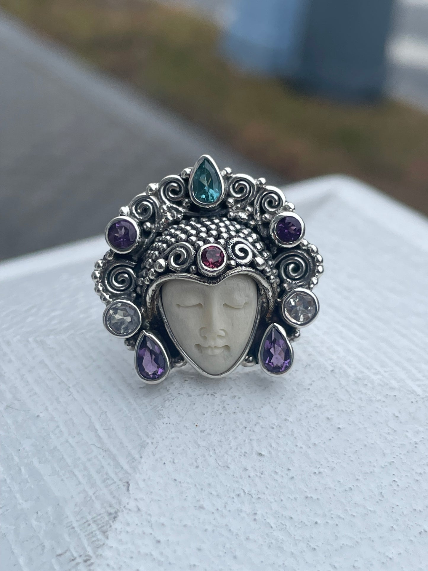 Designer Sajen 925 Sterling Silver Bali Goddess Headdress Ring Size 7