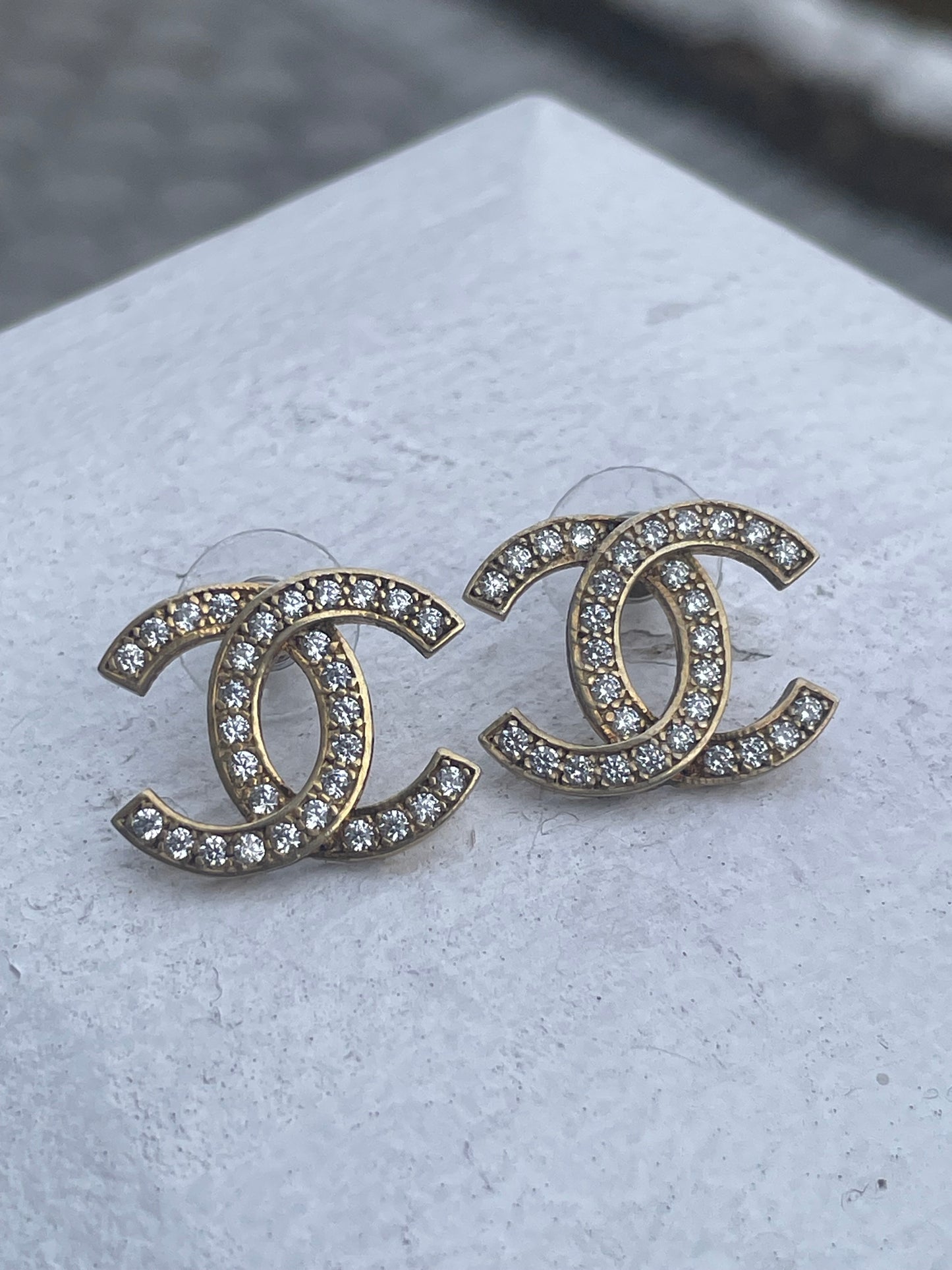 925 Sterling Silver Vermeil Chanel Inspired CC Sparkling Logo Stud Earrings With Cz.