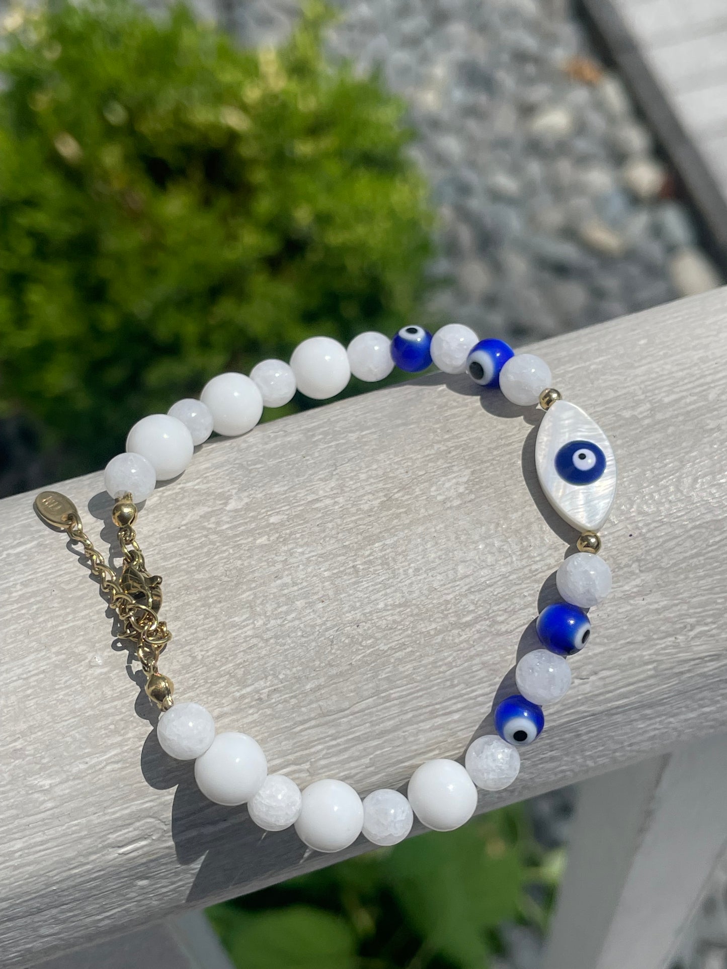 Stainless Steel Vermeil White & Blue Beaded Evil Eye Bracelet 7”-8.5”