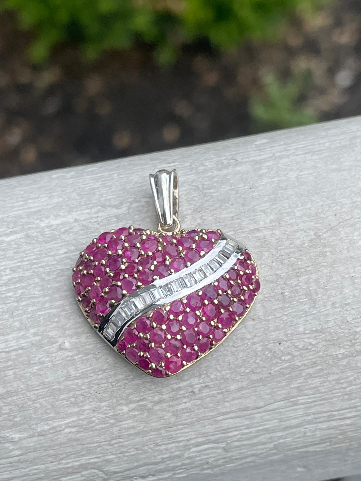 925 Sterling Silver Vermeil 2tone Natural Ruby & Cz Heart Pendant