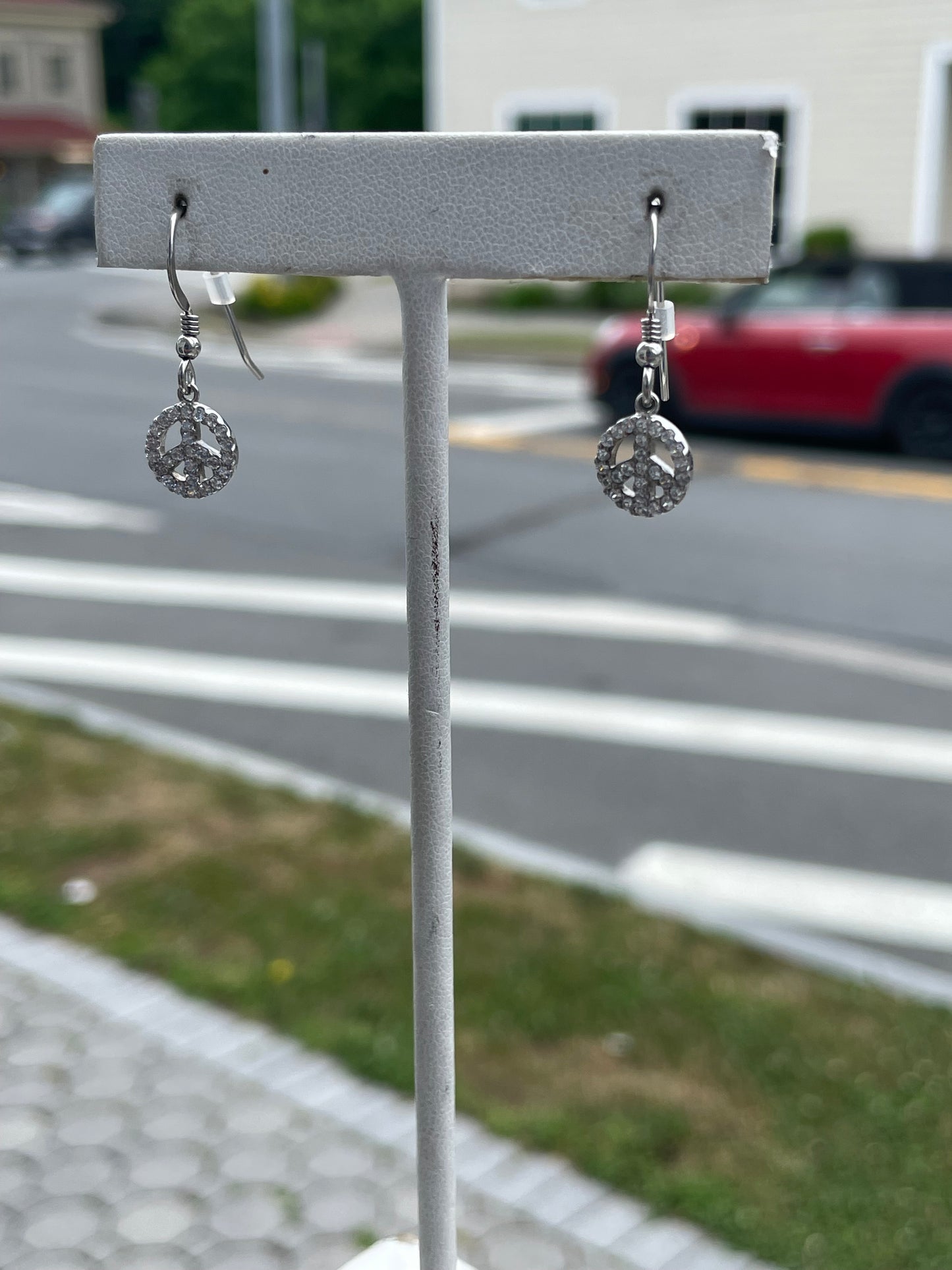 925 Sterling Silver Sparkling Peace Sign dangle Earrings