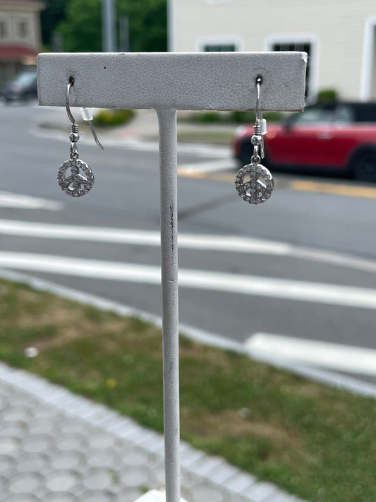 925 Sterling Silver Sparkling Peace Sign dangle Earrings