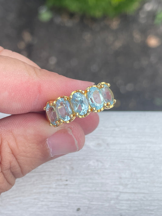 925 Sterling Silver Vermeil Sky Blue Topaz Stone Band Ring Size 9