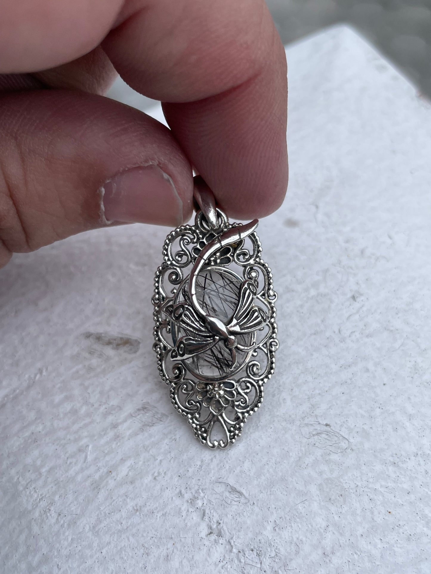 925 Sterling Silver Art Deco Filigree Natural Stone Dragonfly Pendant Charm ~ You Choose