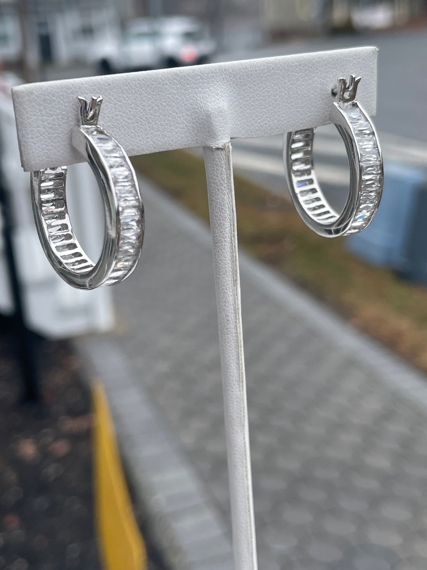 925 Sterling Silver Clear Zirconia Baguette Hoop Earrings