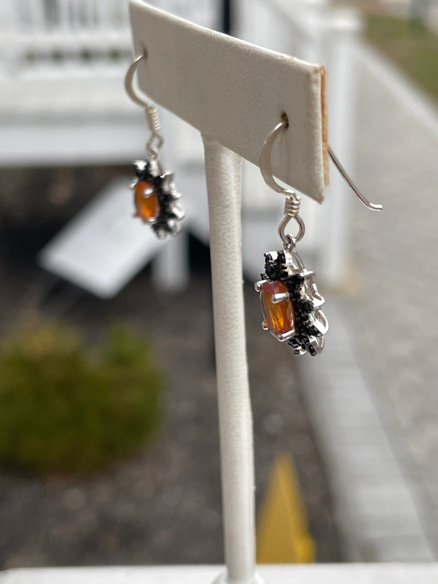 925 Sterling Silver Australian Opal and Black Zirconia Cluster Dangle Earrings
