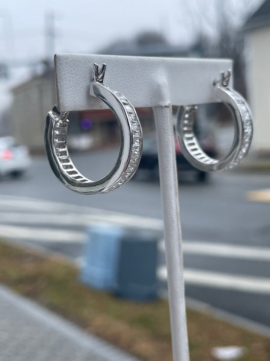 925 Sterling Silver Clear Zirconia Baguette Hoop Earrings