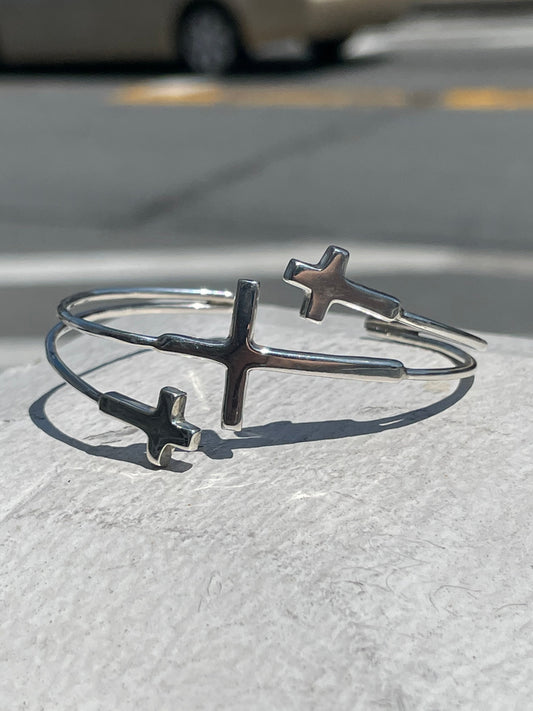 925 Sterling Silver Triple Cross Wraparound Cuff Bracelet 7”-8”