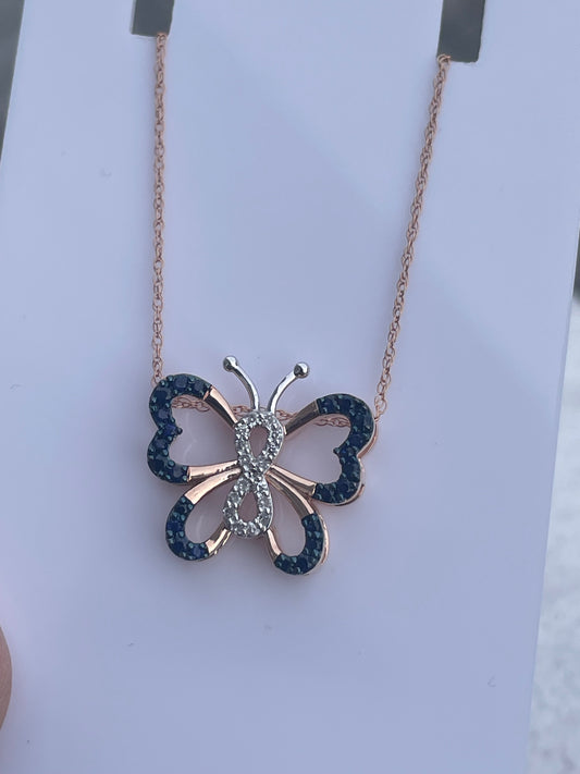 10k Rose Gold Natural Sapphire & Diamond Butterfly Necklace 18”