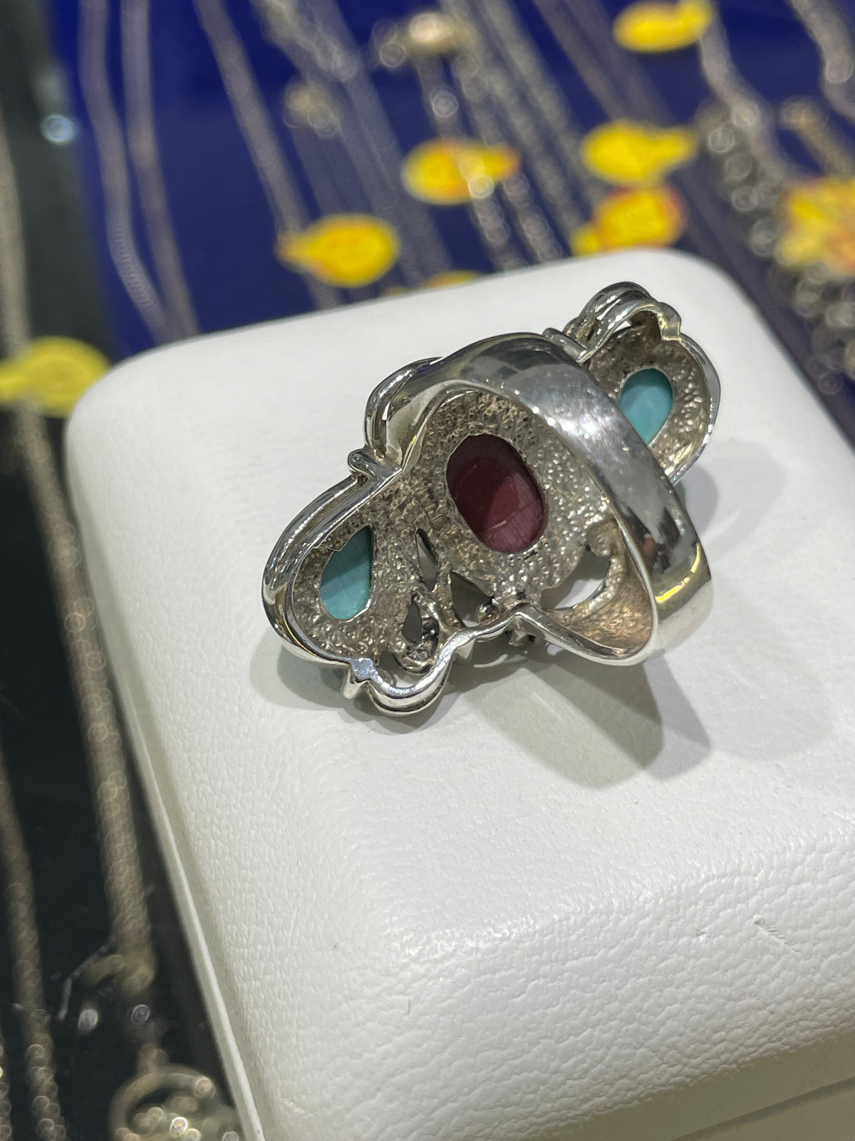 Designer CFJ 925 Sterling Silver Turquoise & Carnelian Vertical Past Present Future Ring Size 7