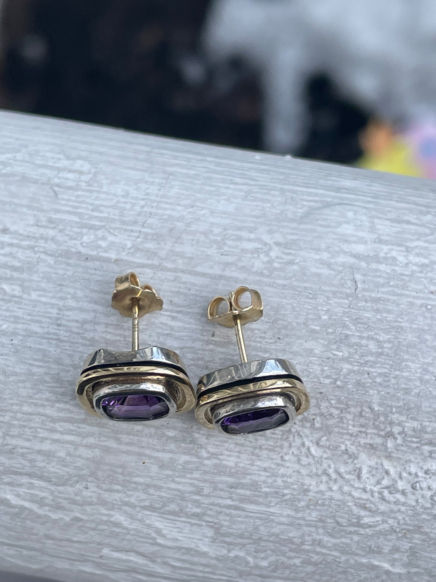 14k Gold & 925 Sterling Silver Bezel Set Amethyst Stud Earrings