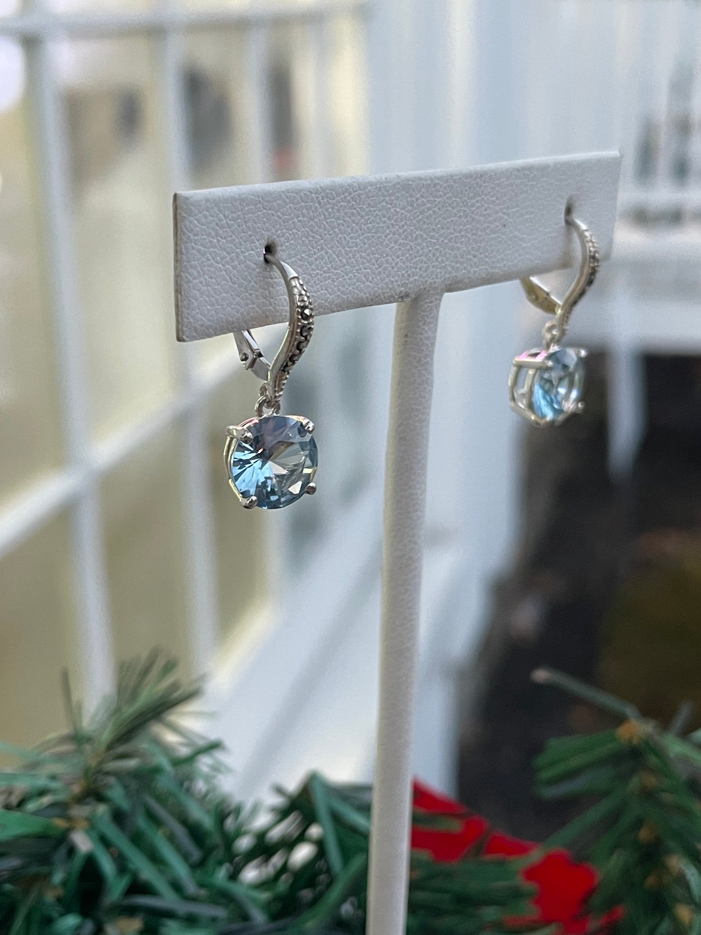925 Sterling Silver Blue Topaz & Marcasite Dangle Earrings
