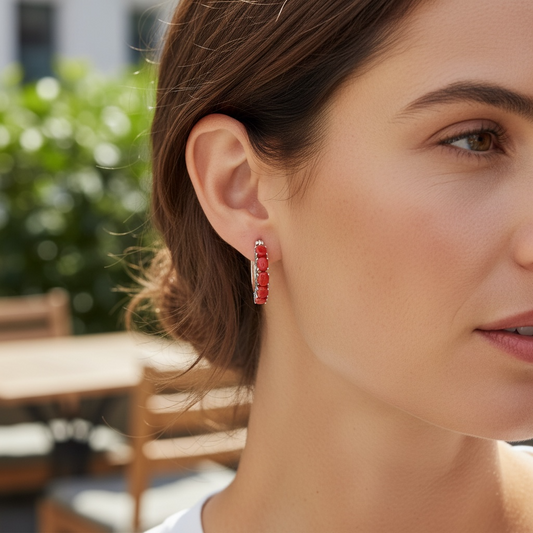 925 Sterling Silver Natural Coral Stone Oblong Hoop Earrings