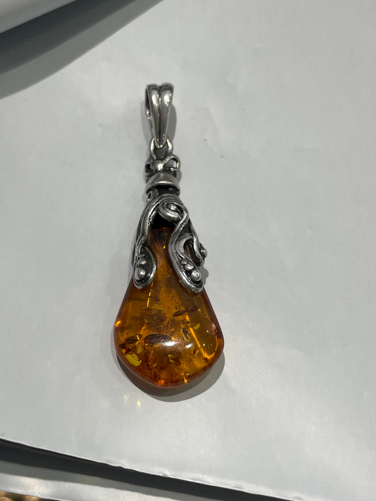 925 Sterling Silver Amber Drop Pendant