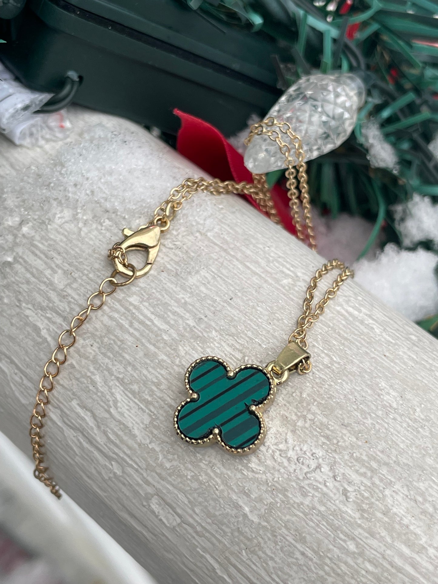Stainless Steel Gold Plated Malachite Van Vleef Style Clover Necklace