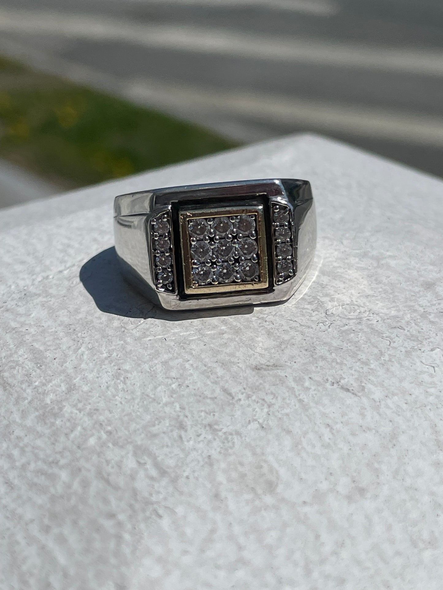 925 & 10k Gold Men’s White Topaz Signet Ring Size 10.5