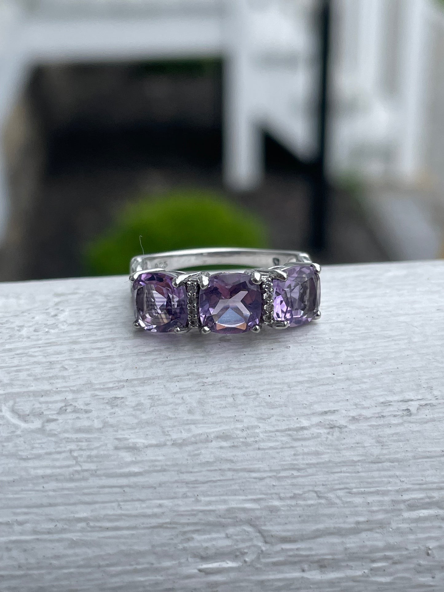 925 Sterling Silver Past Present Future Amethyst & Cz Band Ring Size 6