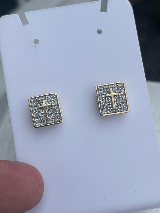 10k Gold Natural Diamond Square Shape Cross Stud Earrings