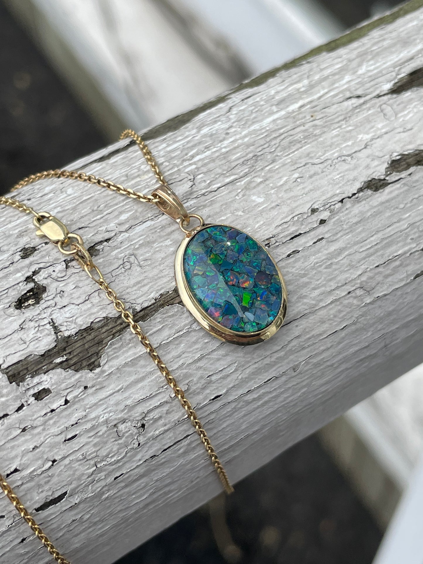 14k Gold Oval Mosaic Opal Necklace