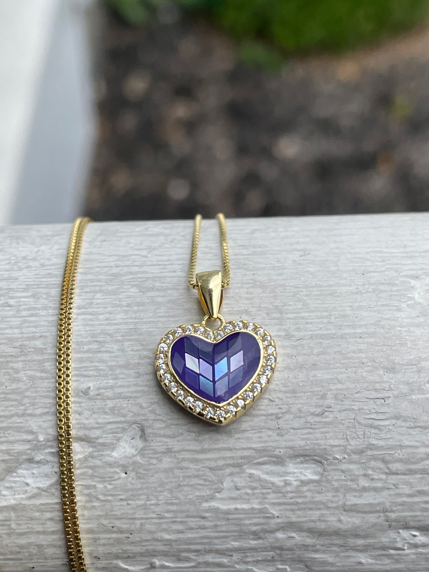 925 Sterling Silver Vermeil Purple Mosaic Mother of Pearl Heart Necklace 16”-18”