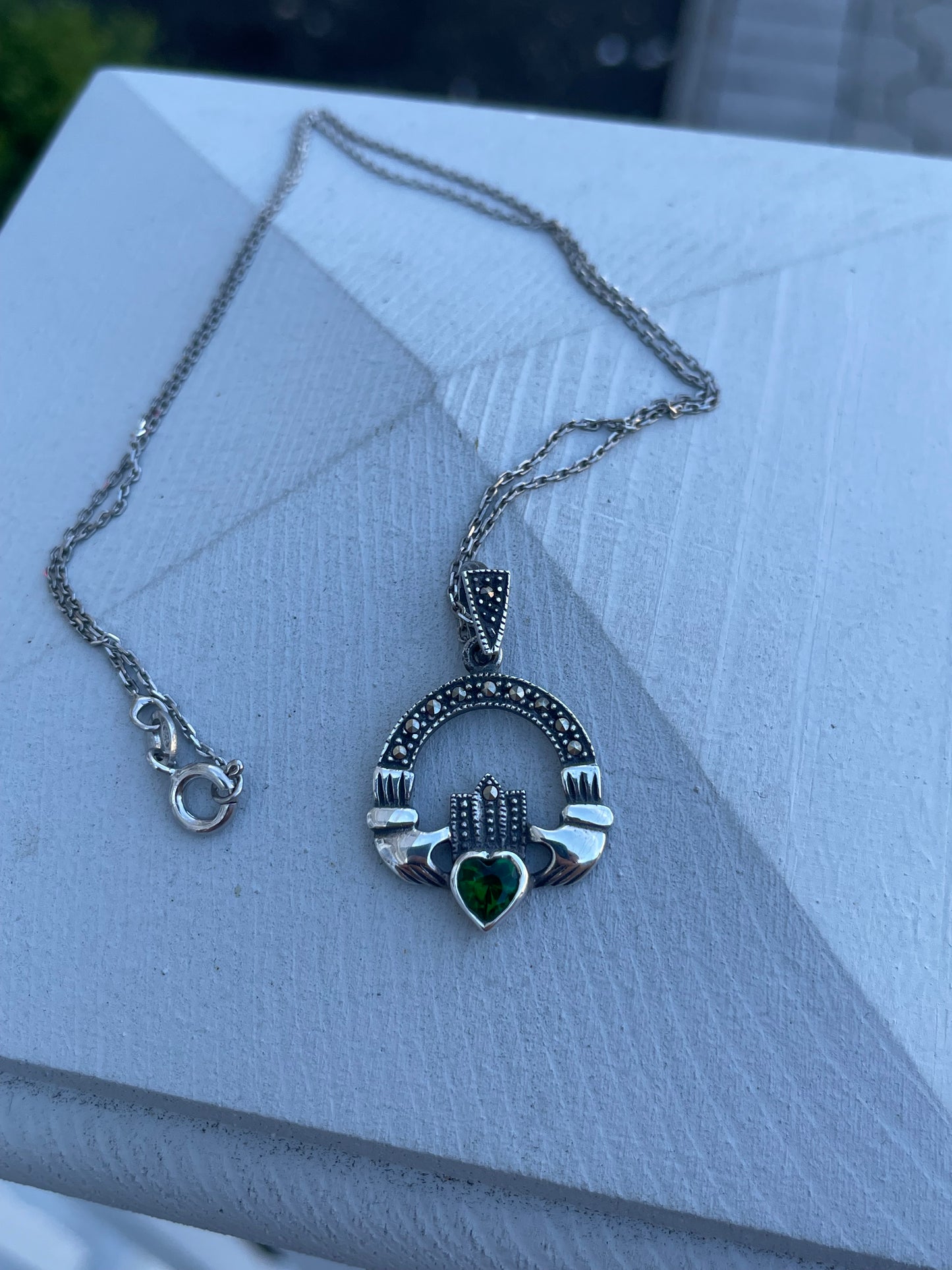 925 Sterling Silver Irish Claddagh Simulated Emerald & Marcasite Necklace