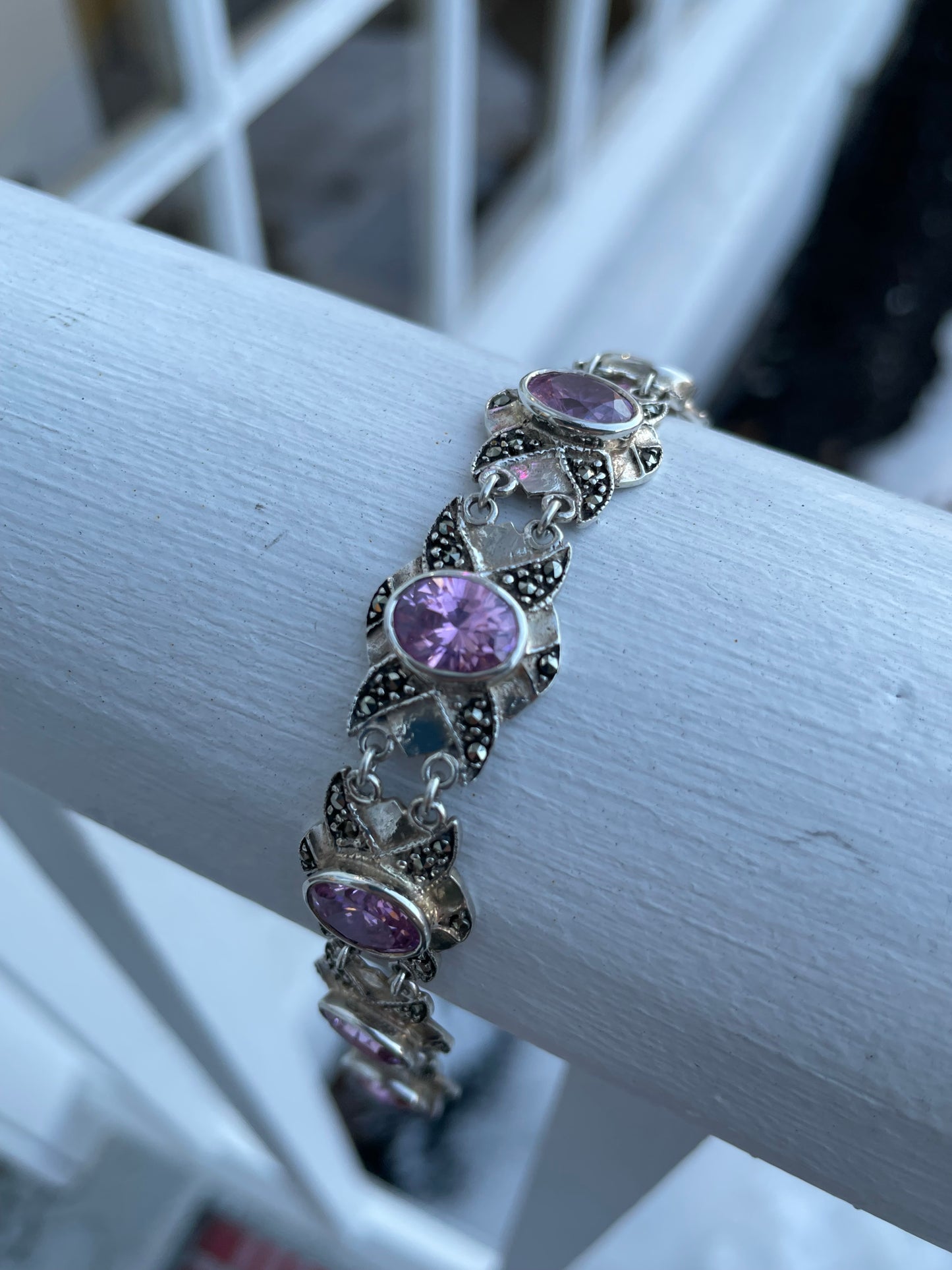 925 Sterling Silver Vintage Pink Cz & Marcasite Signet Bracelet 6.75”