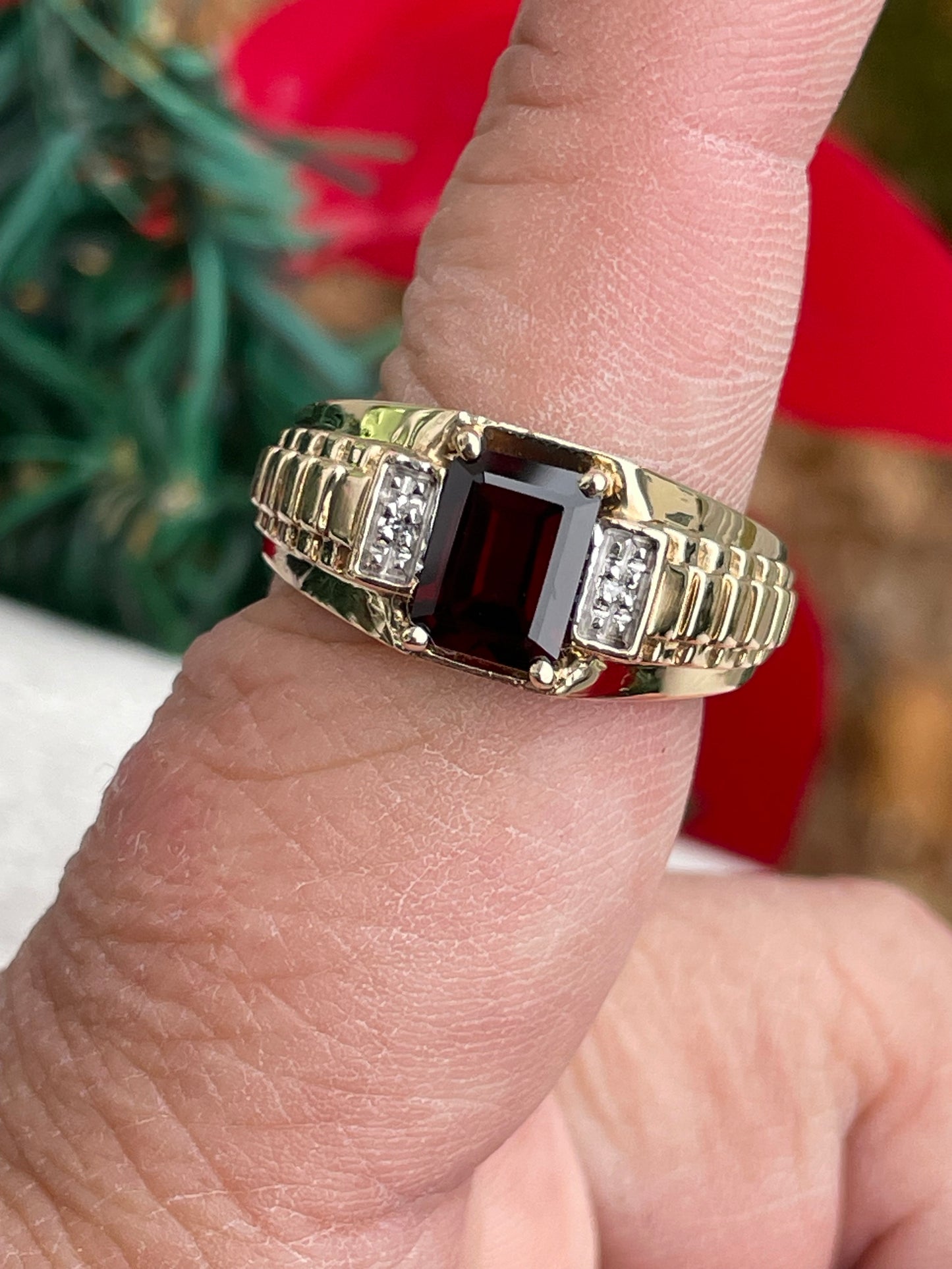 10k Gold Rolex Design Emerald Cut Garnet & Diamond Ring