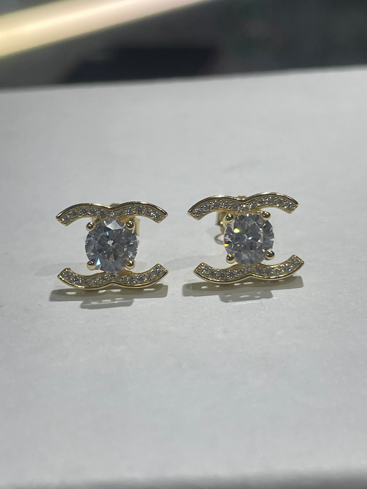 925 Sterling Silver Sparkling Petite Chanel Logo CC Stud Earrings