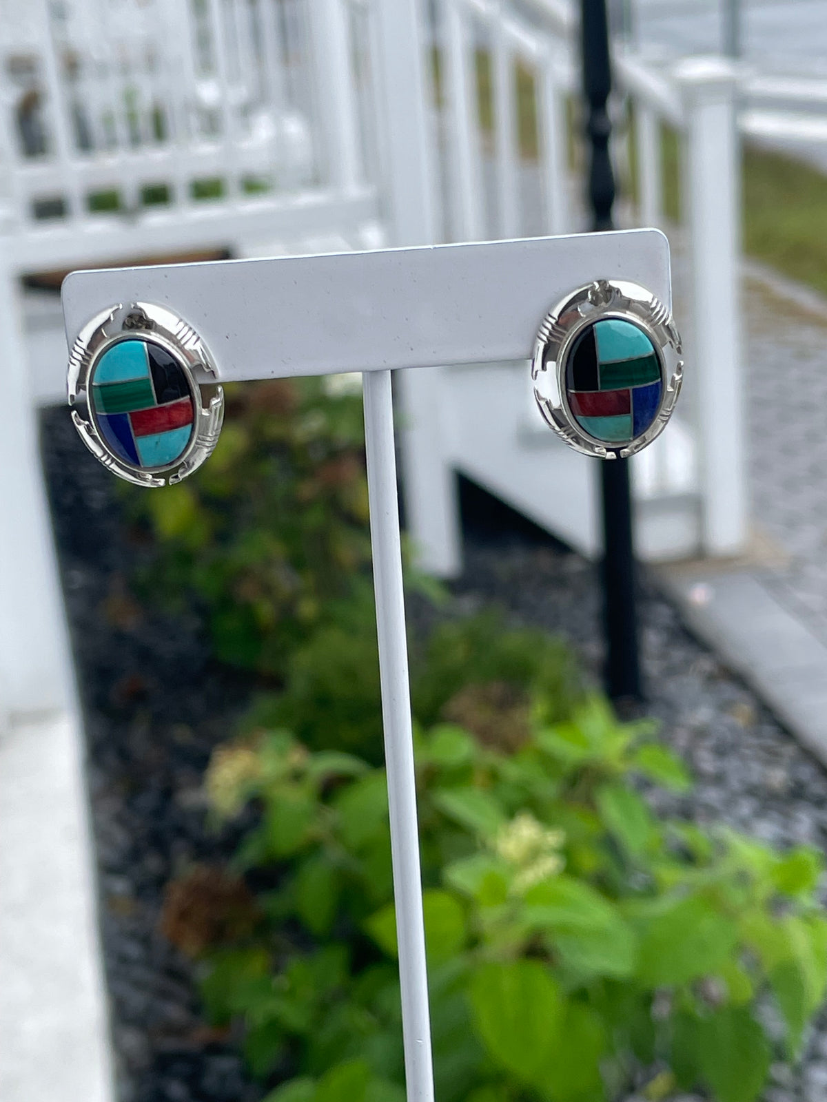 Designer 925 Sterling Silver Carolyn Pollack Multi Inlay Stone Oval Stud Earrings