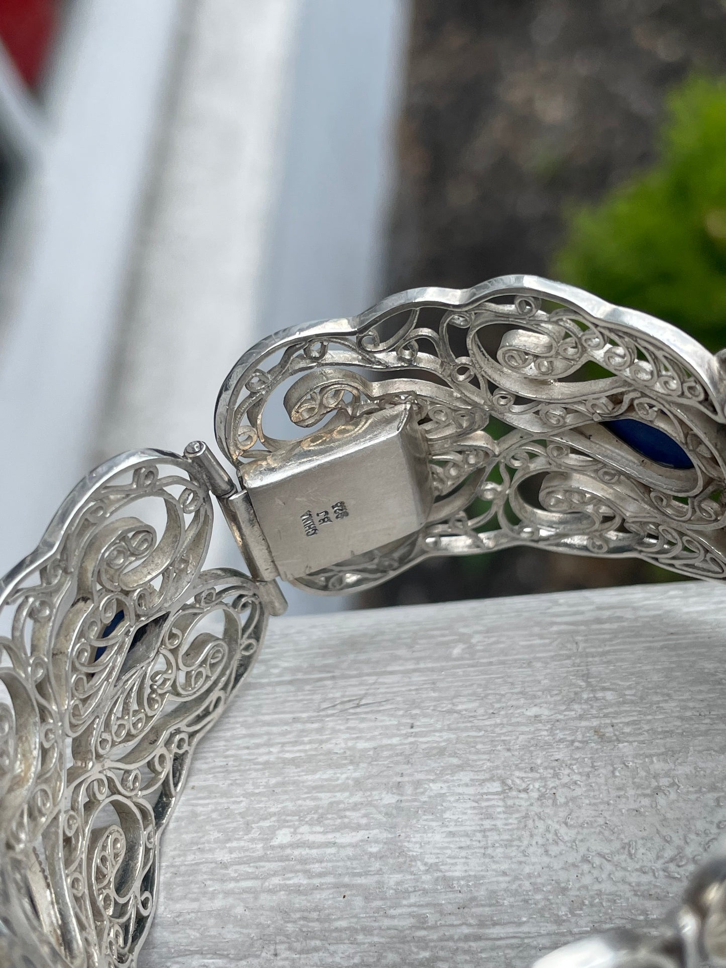 Designer BJ 925 Sterling Silver Open Filigree Blue Lapis Cuff Bracelet 7”