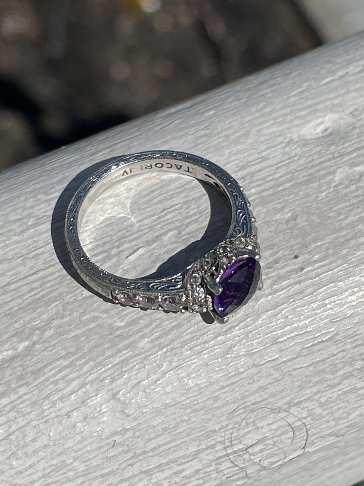 Designer Tacori 925 Sterling Silver Amethyst & Cz Fancy Etched Setting Ring Size 7.5