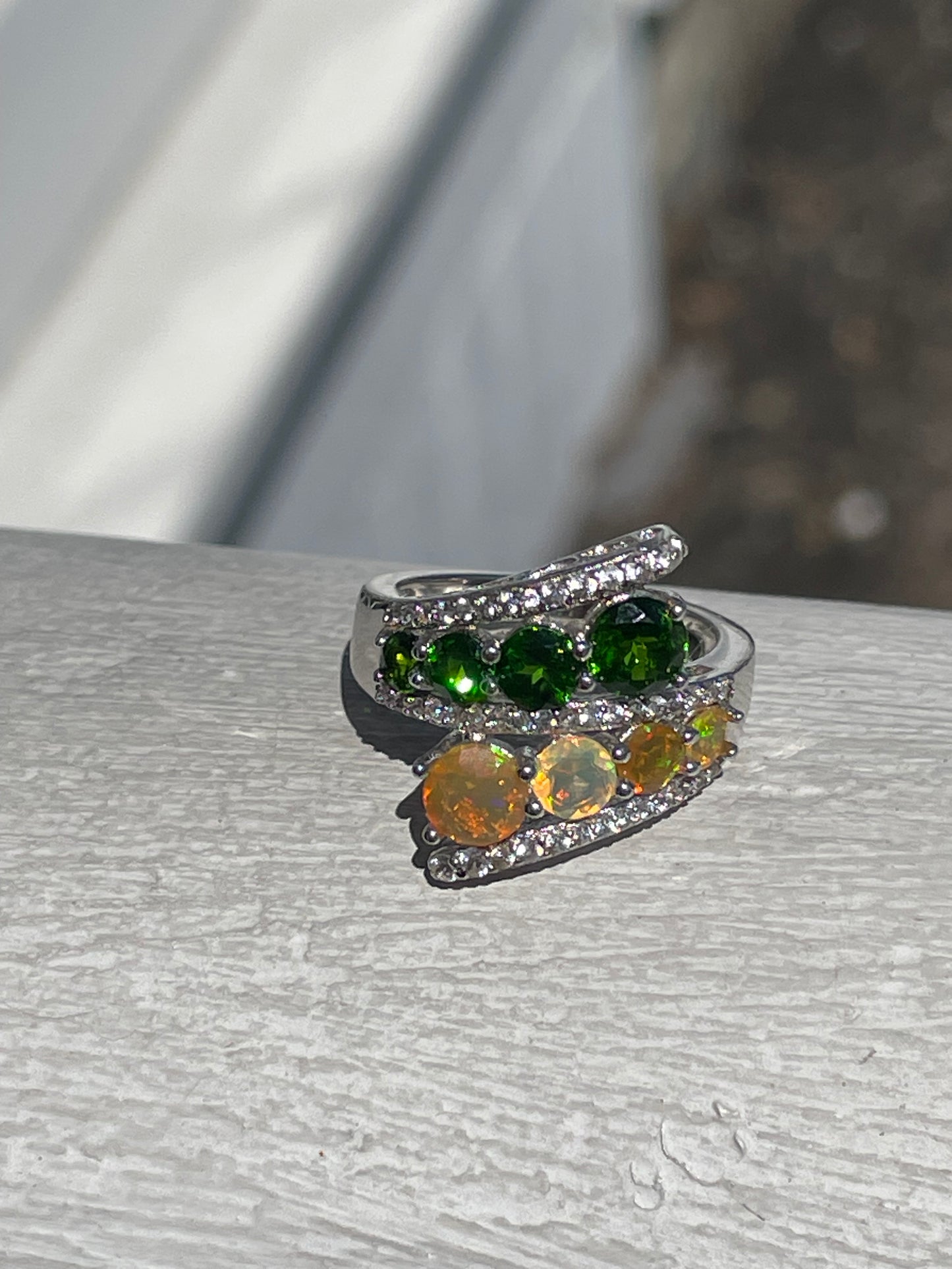 925 Sterling Silver Chrome Diopside & Ethiopian Opal Bypass Ring Size 6