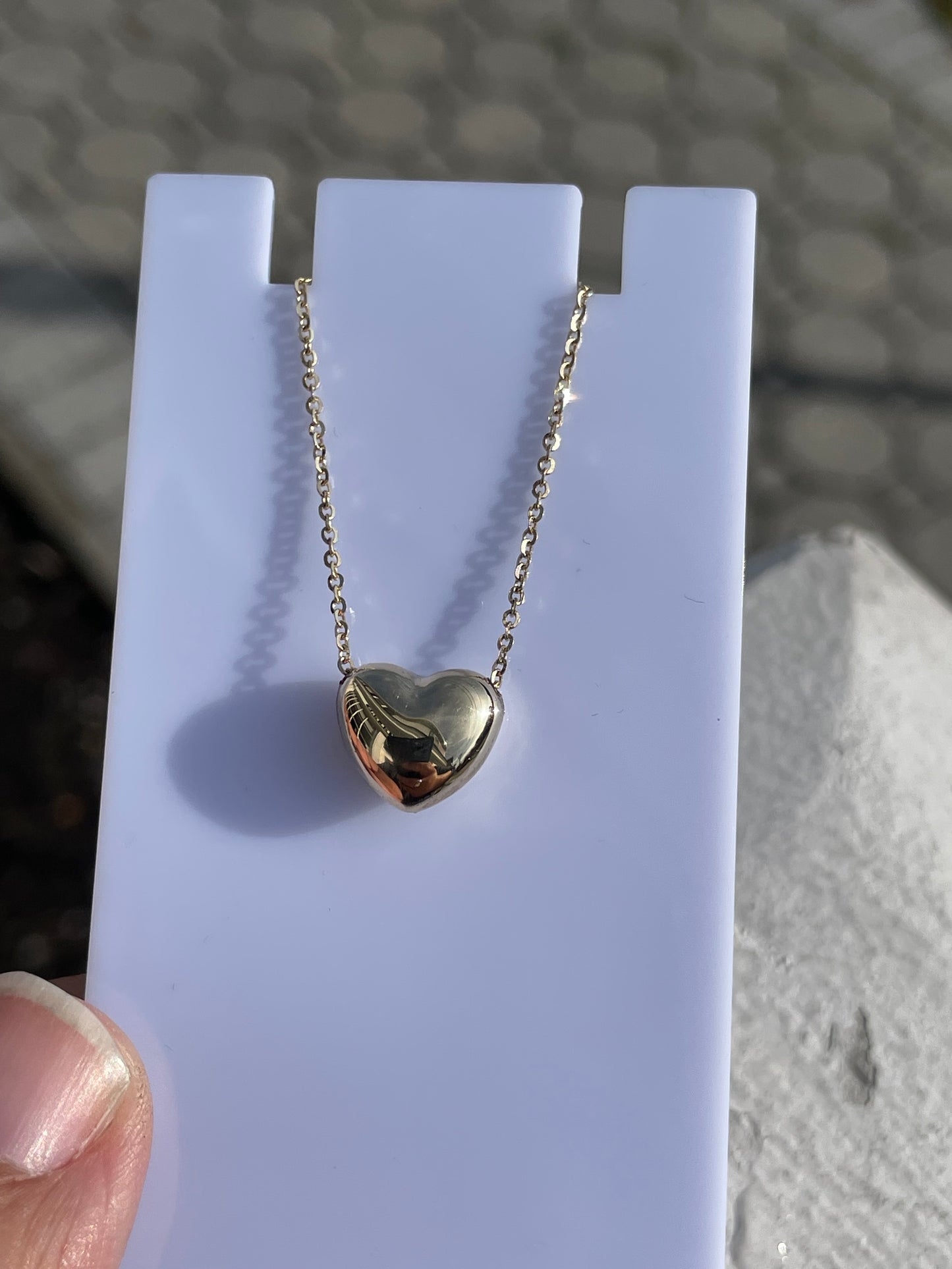 14k Gold Solitaire 12mm Puffy Heart Necklace 15”-17”