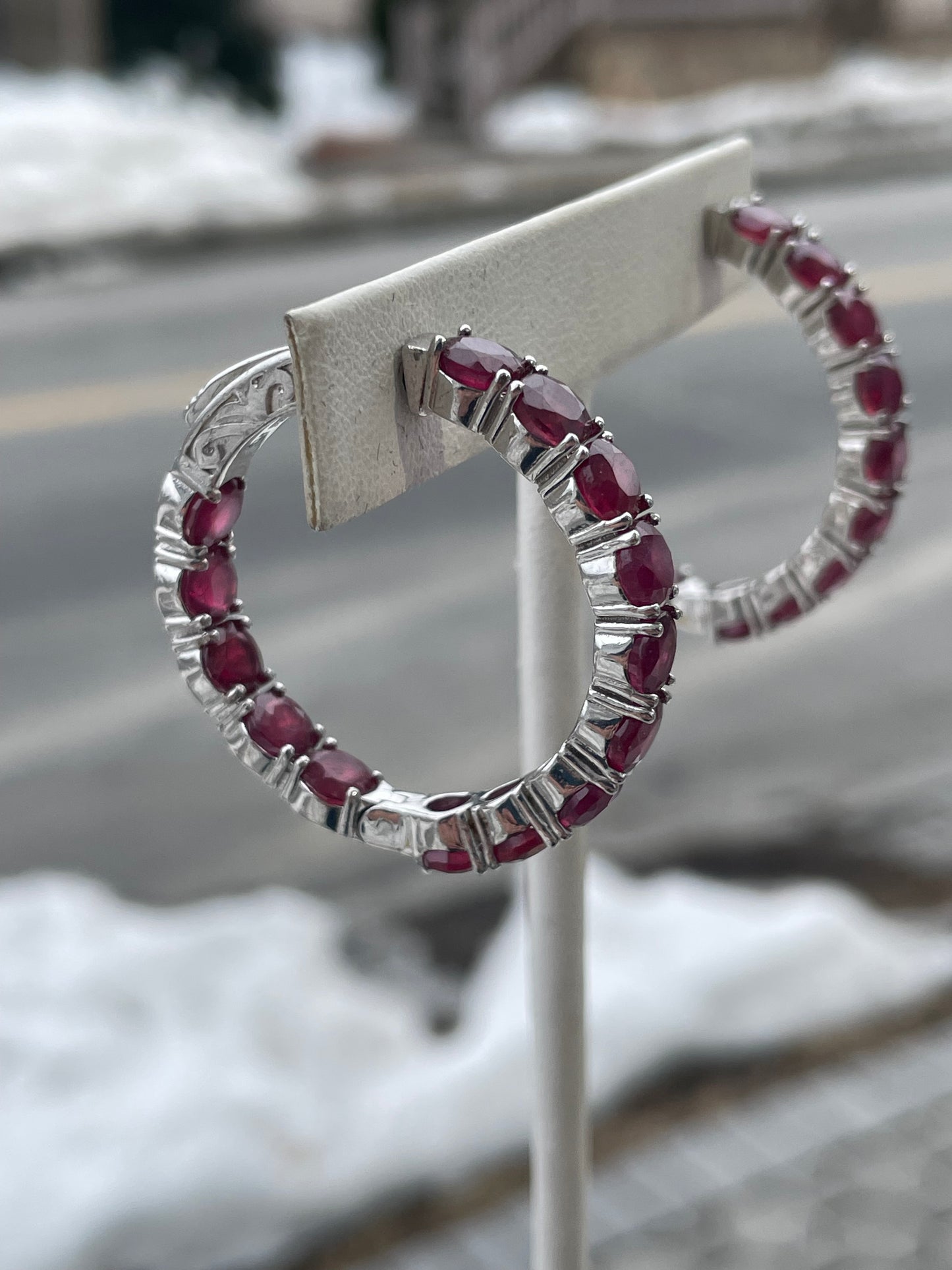 925 Sterling Silver Lab Created Ruby 35mm Stone Hoop Earrings