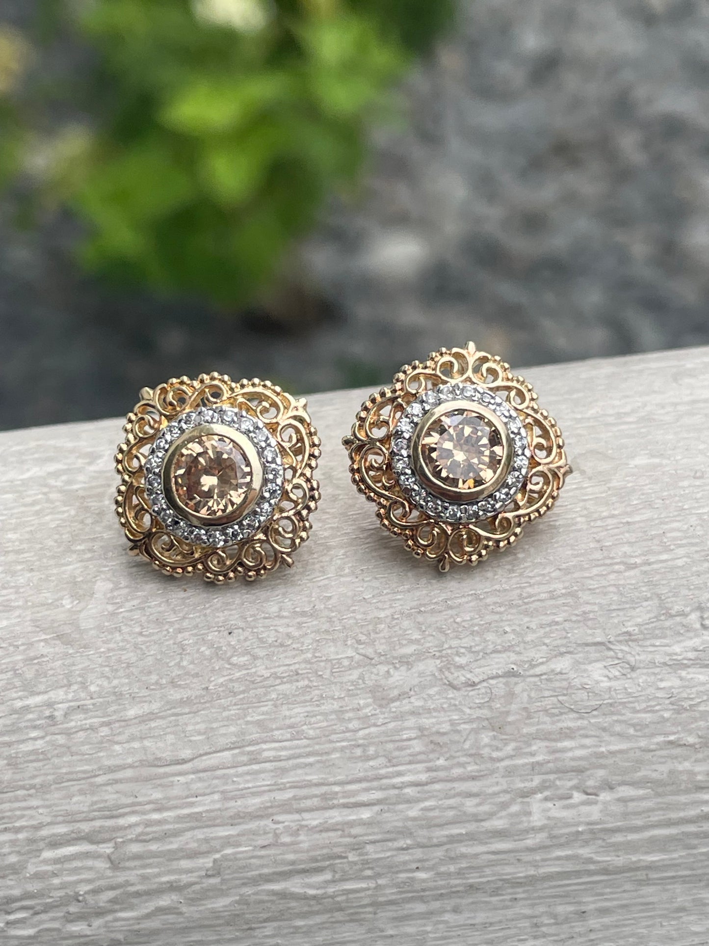 925 Sterling Silver Filigree Citrine Stud Earrings