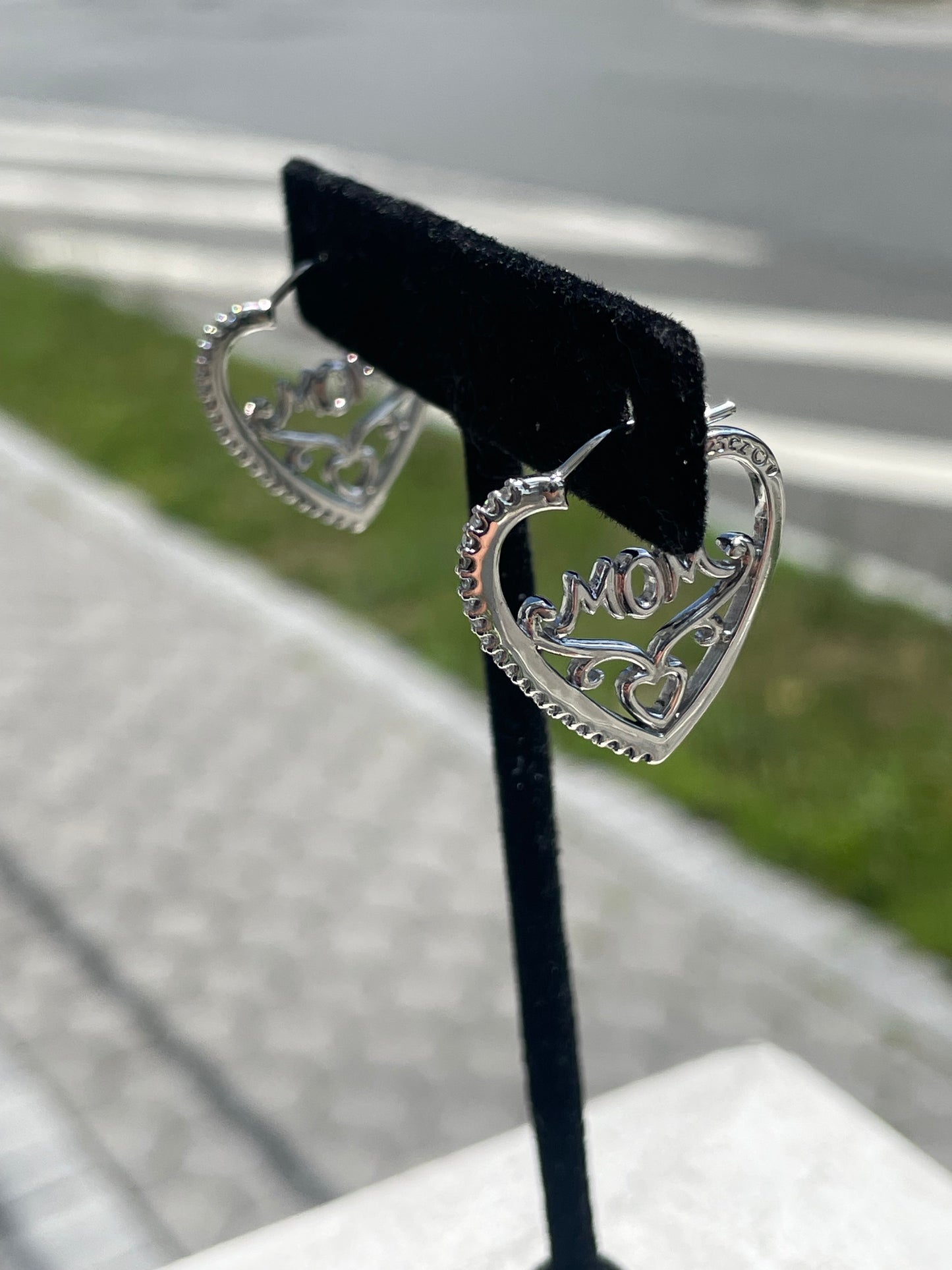 925 Sterling Silver Clear Zirconia Mom Heart Shape Earrings