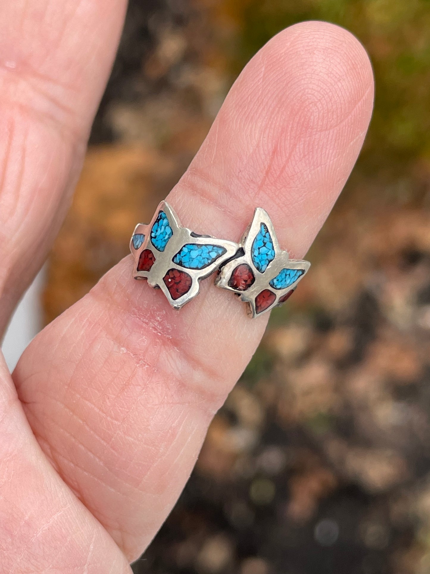925 Sterling Silver Bypass Butterfly Turquoise & Coral Mid-Finger Ring Size 4