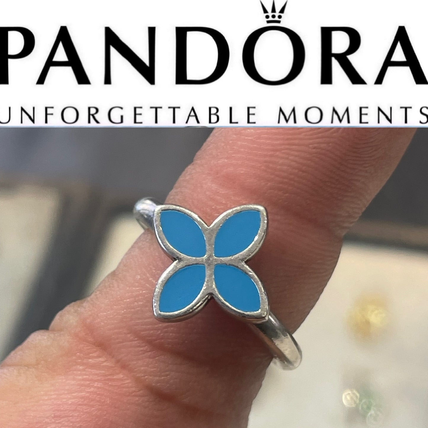 Retired Pandora Size 8 Sterling Silver Blue Enamel 4 Petal Flower Ring 190142EN01