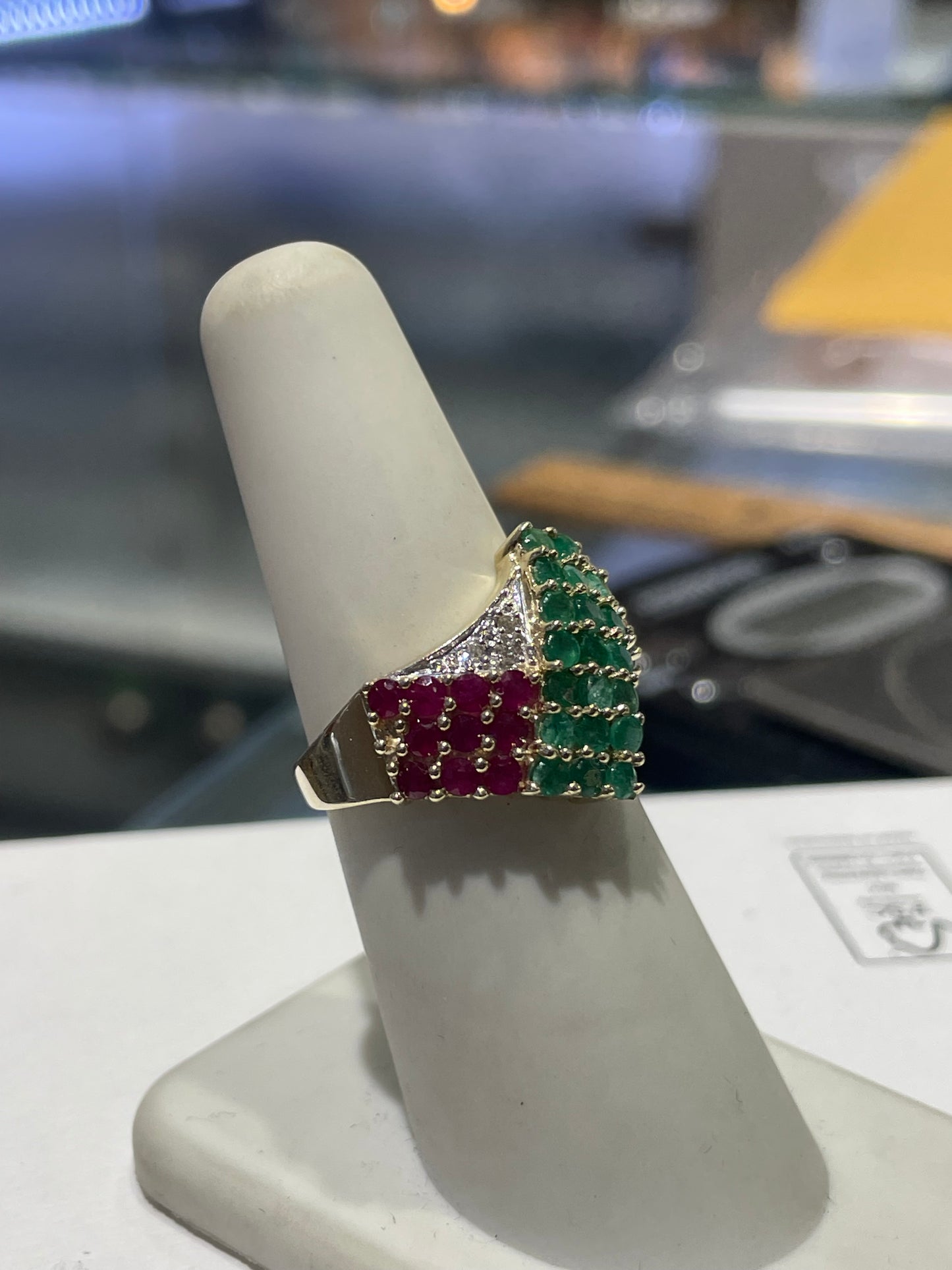 925 Sterling Silver Vermeil Natural Ruby Emerald Sapphire and Diamond Cluster Ring Size 6.5