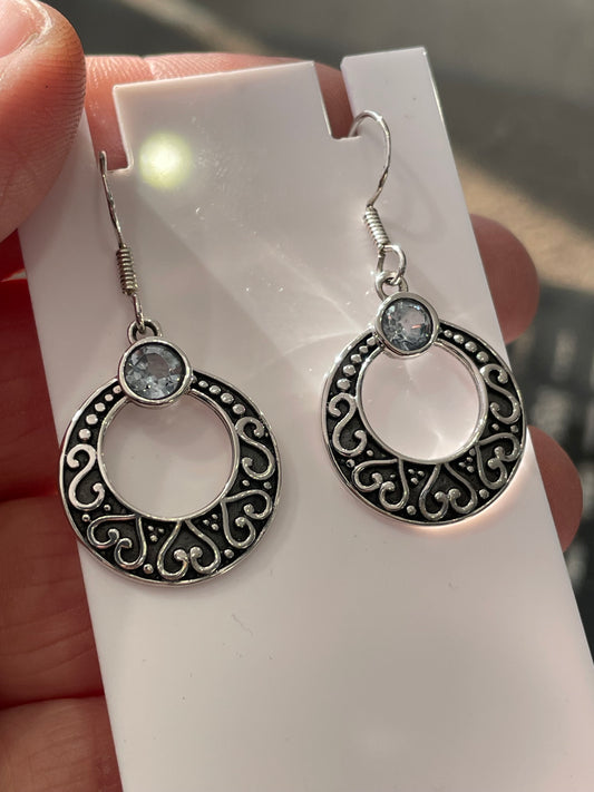 925 Sterling Silver Blue Topaz Bali Style Dangle Earrings