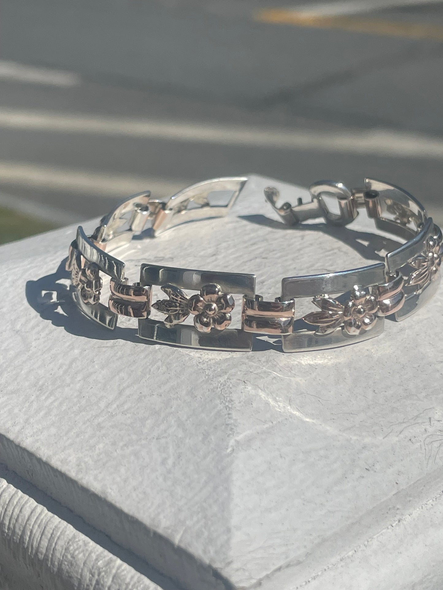 Designer Kreisler 925 Sterling Silver & Rose Vermeil Vintage Openwork Flower Tile Bracelet