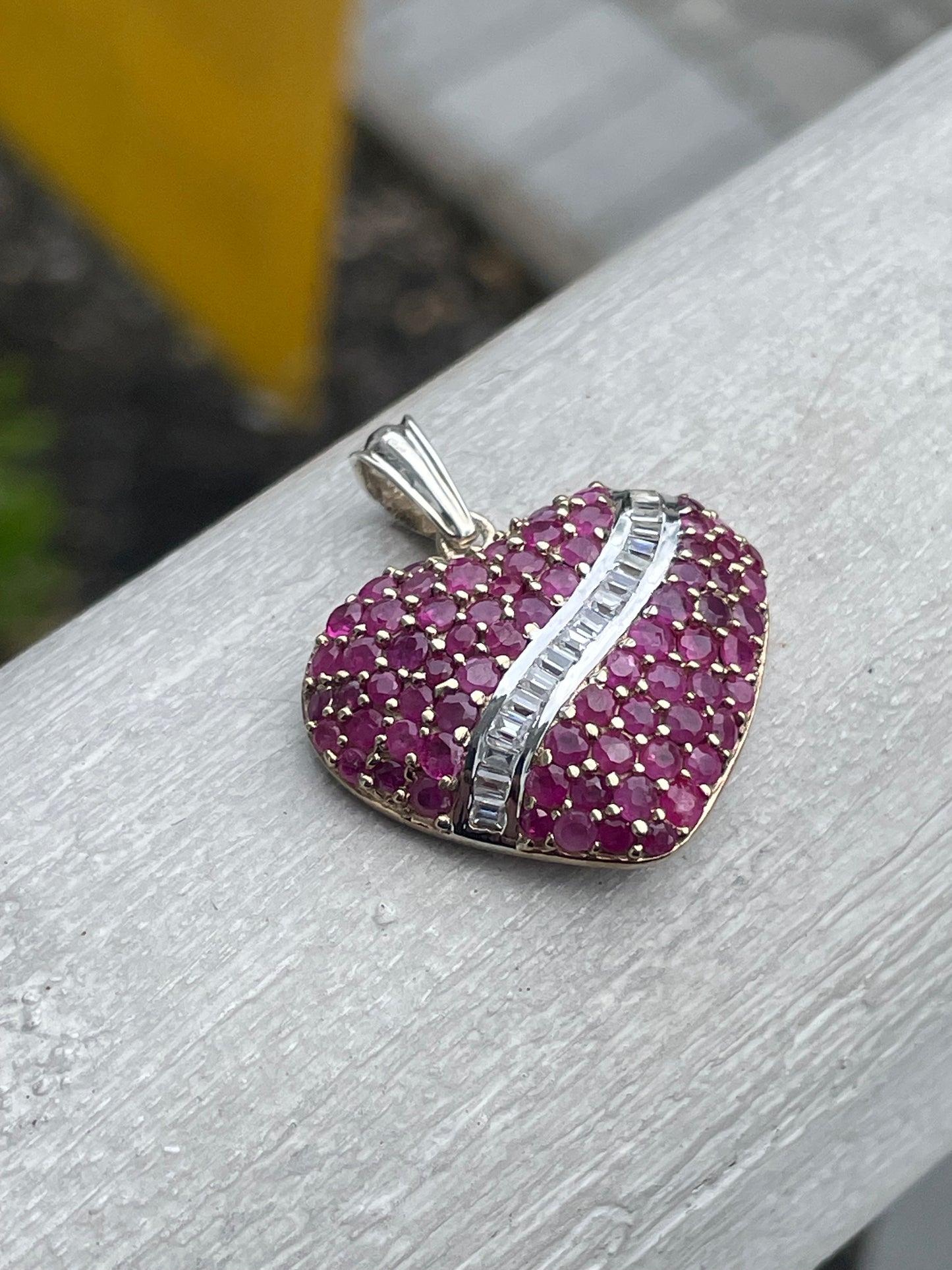 925 Sterling Silver Vermeil 2tone Natural Ruby & Cz Heart Pendant