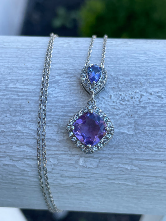 925 Sterling Silver Tanzanite & Amethyst Drop Necklace