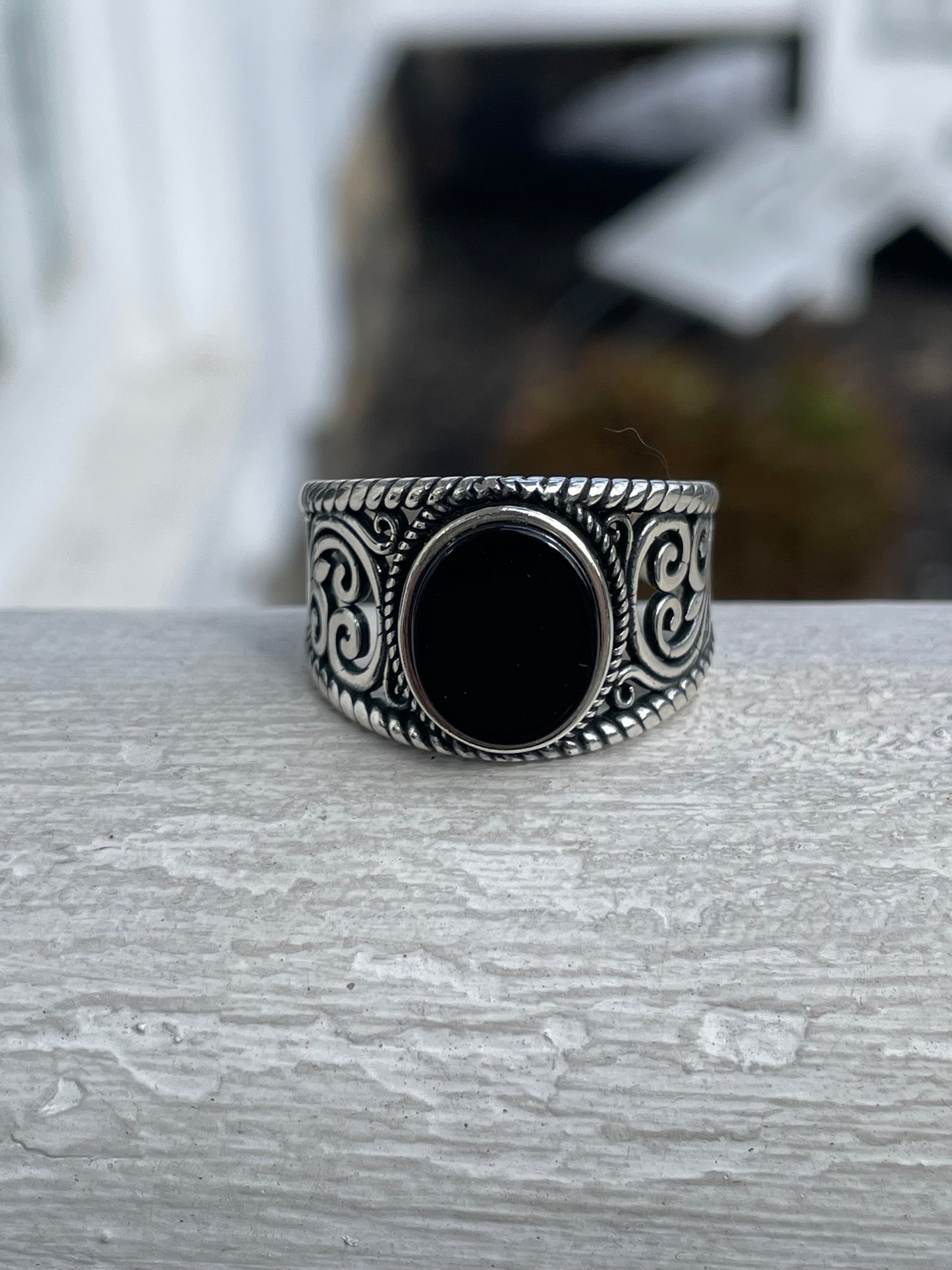 Designer IGI 925 Sterling Silver Openwork Cigar Band Onyx Ring Size 13