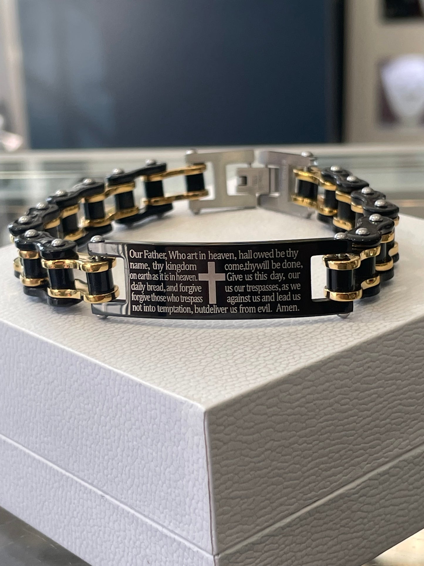 Stainless Steel Lords Prayer Bike Chain Link Bracelet
