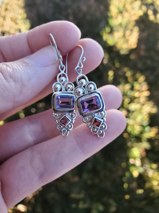 925 Sterling Silver Amethyst & Garnet Euro Filigree Dangle Earrings