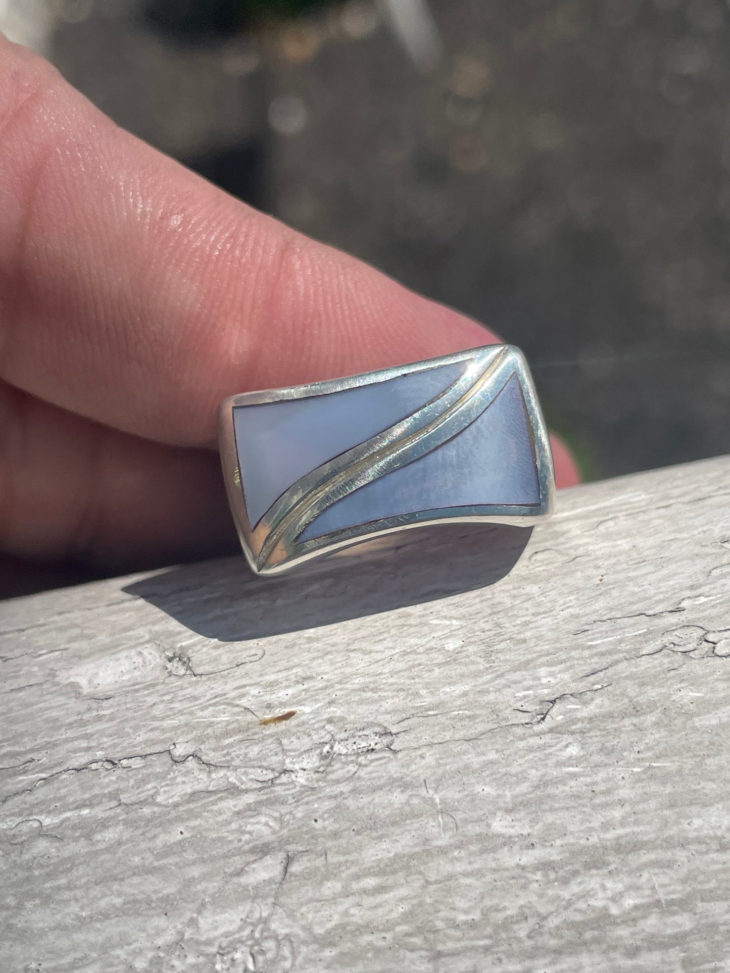 925 Sterling Silver Blue Mother of Pearl Rectangular Signet Ring