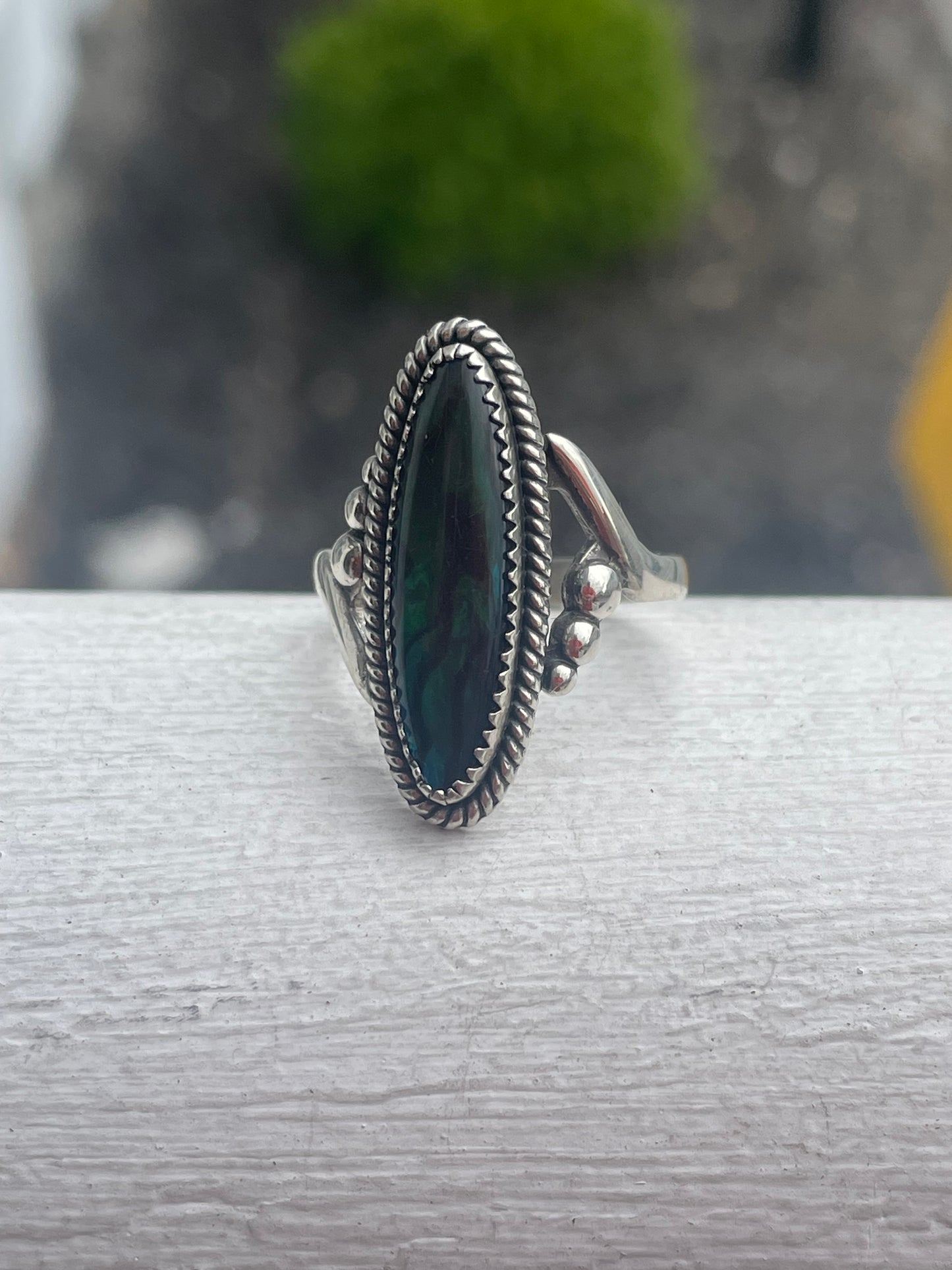 925 Sterling Silver Green Elongated Abalone Ring Size 8