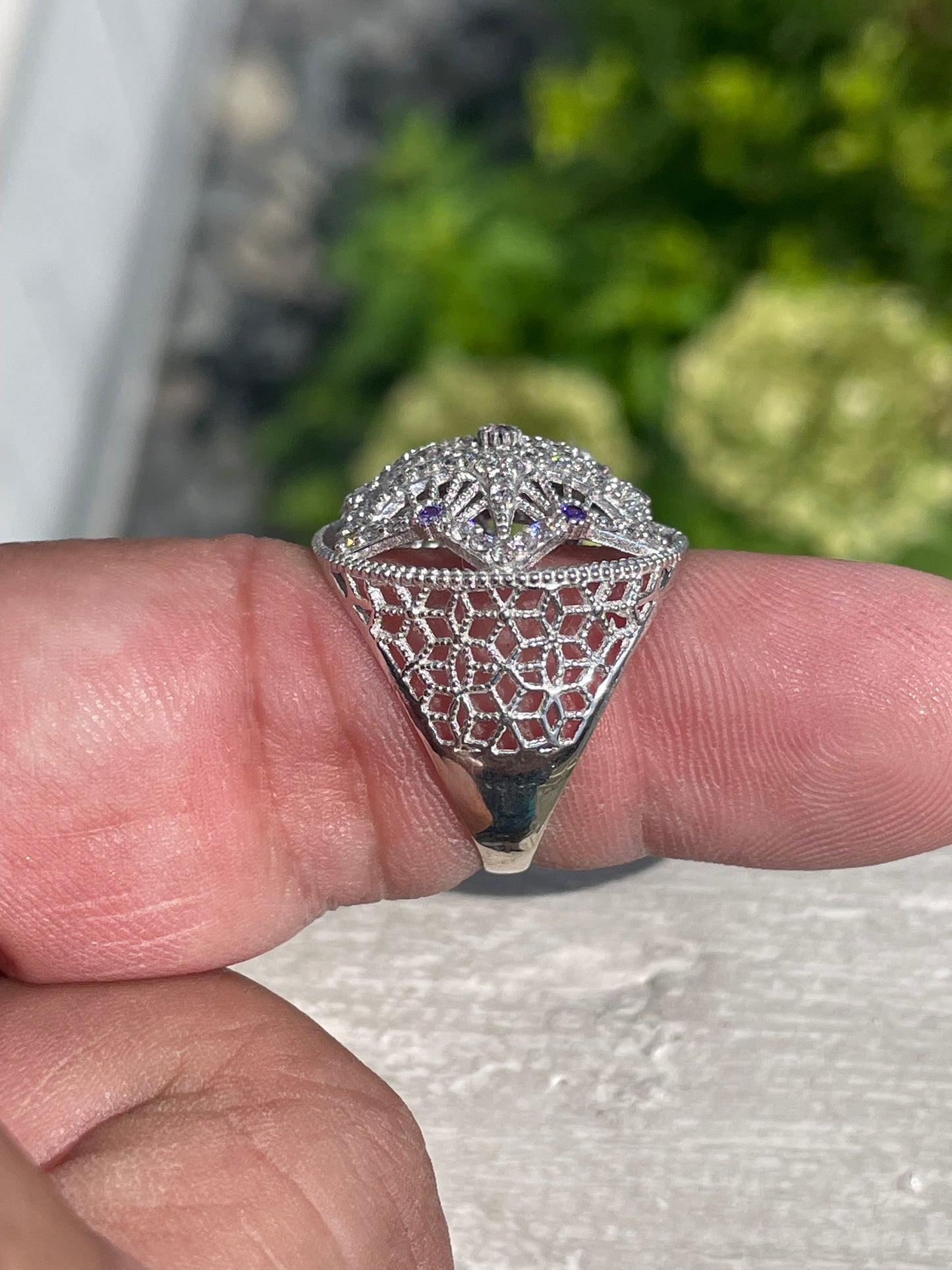 925 Sterling Silver Purple & Clear Zirconia Dream Catcher Ring Size 8