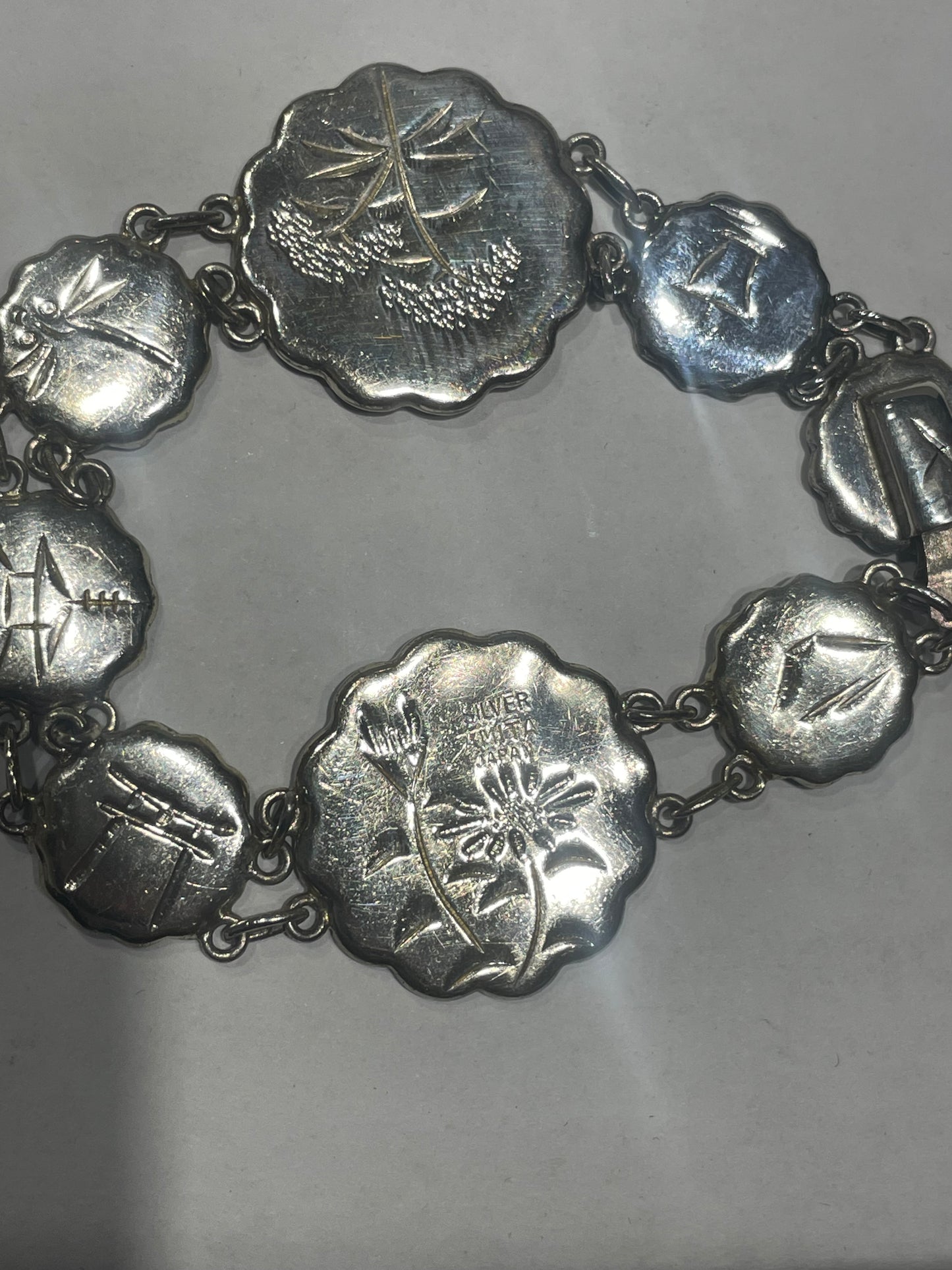Designer Amita 925 Sterling Silver & 24k gold Japanese Etched Tile Bracelet 7”